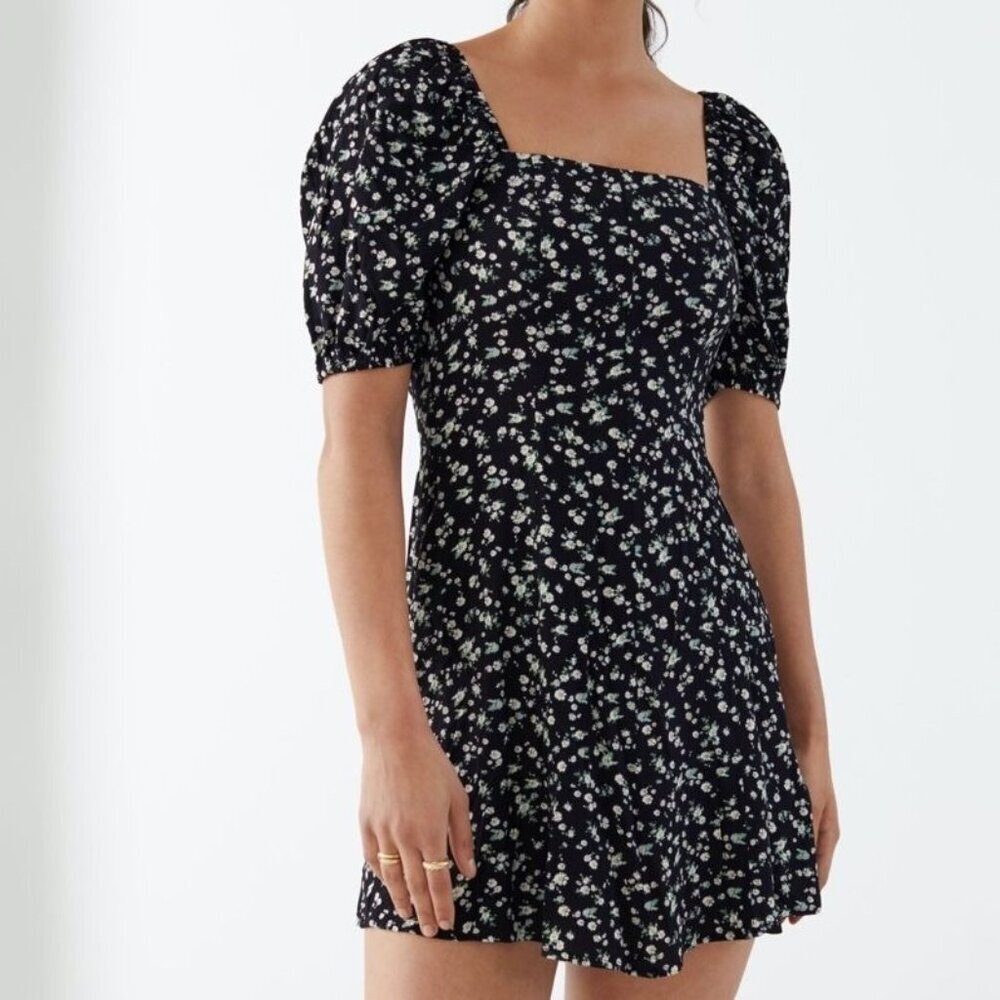 & Other Stories Black Ditzy Daisy Floral Square Neck Puff Sleeve Mini Dress